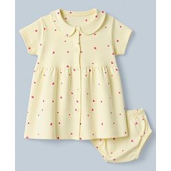 Babyhug Interlock Knit Half Sleeves Frocks With Bloomer And Hearts Print - Light Yellow