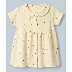 Babyhug Interlock Knit Half Sleeves Frocks With Bloomer And Hearts Print - Light Yellow