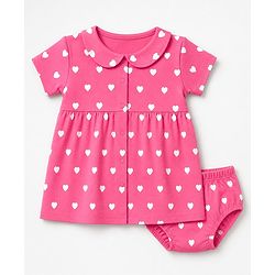 Babyhug Interlock Knit Cotton Half Sleeves Frocks with Bloomer & Heart Print - Pink