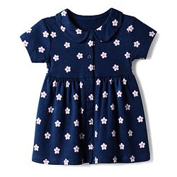 Babyhug Interlock Knit Knee Length Frock and Bloomer with Half Sleeves and Floral Print in Navy Blue for New born