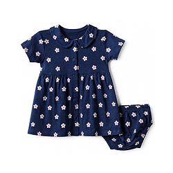 Babyhug Interlock Knit Knee Length Frock and Bloomer with Half Sleeves and Floral Print in Navy Blue for New born