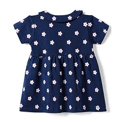 Babyhug Interlock Knit Knee Length Frock and Bloomer with Half Sleeves and Floral Print in Navy Blue for New born