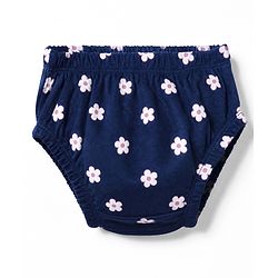Babyhug Interlock Knit Knee Length Frock and Bloomer with Half Sleeves and Floral Print in Navy Blue for New born