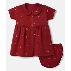 Babyhug Interlock Knit Cotton Half Sleeves Frocks with Bloomer & Cherry Print - Maroon