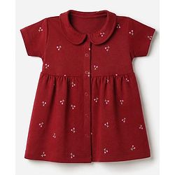 Babyhug Interlock Knit Cotton Half Sleeves Frocks with Bloomer & Cherry Print - Maroon
