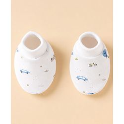 Babyhug 100% Cotton Car Printed Mittens & Booties - White