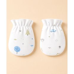 Babyhug 100% Cotton Car Printed Mittens & Booties - White