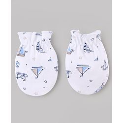 Babyhug 100% Cotton Knit Nautical Theme Printed Mittens & Booties Set - White