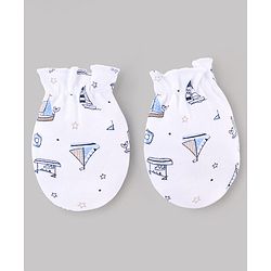 Babyhug 100% Cotton Knit Nautical Theme Printed Mittens & Booties Set - White