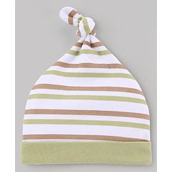 Babyhug 100% Cotton Knit Striped & Nautical Theme Printed Caps Pack Of 2 Olive Green & White - Diameter 10 cm