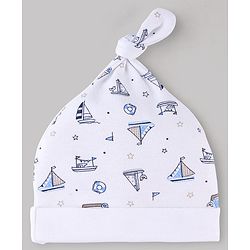 Babyhug 100% Cotton Knit Striped & Nautical Theme Printed Caps Pack Of 2 Olive Green & White - Diameter 10 cm