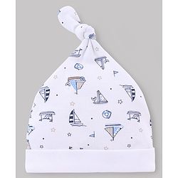 Babyhug 100% Cotton Knit Striped & Nautical Theme Printed Caps Pack Of 2 Olive Green & White - Diameter 10 cm