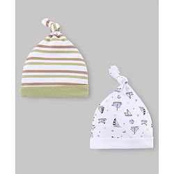 Babyhug 100% Cotton Knit Striped & Nautical Theme Printed Caps Pack Of 2 Olive Green & White - Diameter 10 cm