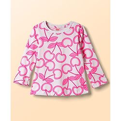 Babyhug 100% Cotton Knit Full Sleeves Cherry Printed Co-ords T-Shirt & Pyjama Night Suit - White
