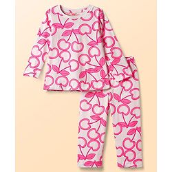 Babyhug 100% Cotton Knit Full Sleeves Cherry Printed Co-ords T-Shirt & Pyjama Night Suit - White