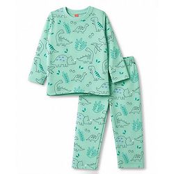 Babyhug 100% Cotton Knit Full Sleeves Dino Printed Co-Ords T-Shirt & Pyjama Night Suit - Green