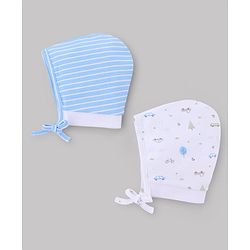Babyhug 100% Cotton Interlock Knit Stripped Cap with Vehicle Print Sky Blue & White Pack of 2 - Diameter 10 cm