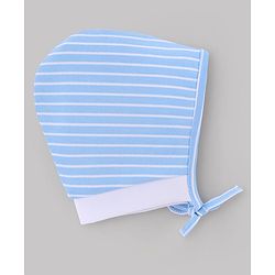 Babyhug 100% Cotton Interlock Knit Stripped Cap with Vehicle Print Sky Blue & White Pack of 2 - Diameter 10 cm