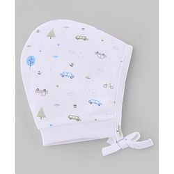 Babyhug 100% Cotton Interlock Knit Stripped Cap with Vehicle Print Sky Blue & White Pack of 2 - Diameter 10 cm