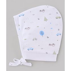 Babyhug 100% Cotton Interlock Knit Stripped Cap with Vehicle Print Sky Blue & White Pack of 2 - Diameter 10 cm
