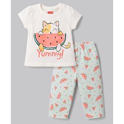 Babyhug 100% Cotton Knit Half Sleeves Kitty & Watermelon Printed T-Shirt & Pyjama Night Suit - White