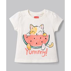 Babyhug 100% Cotton Knit Half Sleeves Kitty & Watermelon Printed T-Shirt & Pyjama Night Suit - White