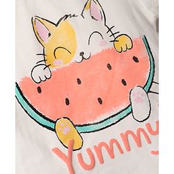 Babyhug 100% Cotton Knit Half Sleeves Kitty & Watermelon Printed T-Shirt & Pyjama Night Suit - White