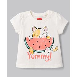 Babyhug 100% Cotton Knit Half Sleeves Kitty & Watermelon Printed T-Shirt & Pyjama Night Suit - White