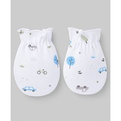Babyhug 100% Cotton Interlock Knit Cap Mittens & Booties Set With Vehicle Print White - Diameter 14.5 cm