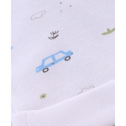 Babyhug 100% Cotton Interlock Knit Cap Mittens & Booties Set With Vehicle Print White - Diameter 14.5 cm