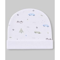 Babyhug 100% Cotton Interlock Knit Cap Mittens & Booties Set With Vehicle Print White - Diameter 14.5 cm