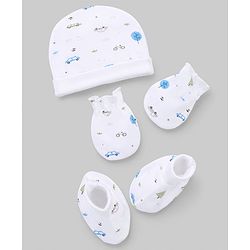 Babyhug 100% Cotton Interlock Knit Cap Mittens & Booties Set With Vehicle Print White - Diameter 14.5 cm