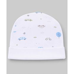 Babyhug 100% Cotton Interlock Knit Cap Mittens & Booties Set With Vehicle Print White - Diameter 14.5 cm