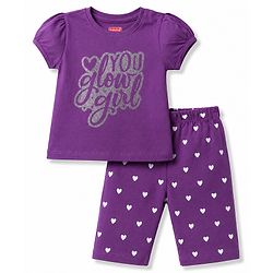 Babyhug Cotton Knit Half Sleeves Hearts Printed T-Shirt & Capri Pant Night Suit - Purple
