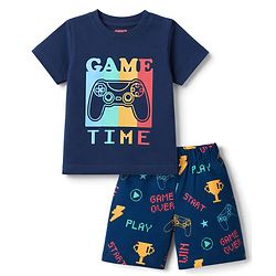 Babyhug Cotton Knit Half Sleeves T-Shirt & Shorts Night Suit With Game Print - Navy Blue