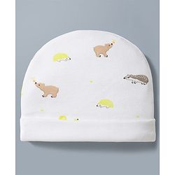 Babyhug 100% Cotton Interlock Knit Cap Mittens & Booties Set With Squirrel Print White - Diameter 14.5 Cm