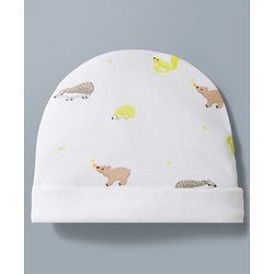 Babyhug 100% Cotton Interlock Knit Cap Mittens & Booties Set With Squirrel Print White - Diameter 14.5 Cm