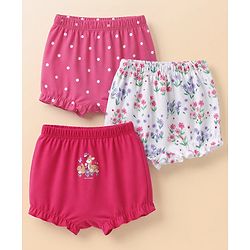 Babyhug 100% Cotton Knit Polka Dots & Floral Printed Bloomers Pack of 3 - Dark Pink & White