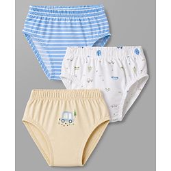 Babyhug 100% Cotton Knit Vehicles Printed & Striped Briefs Pack Of 3 - Light Blue Cream & White