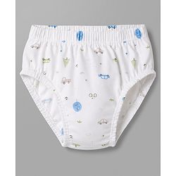 Babyhug 100% Cotton Knit Vehicles Printed & Striped Briefs Pack Of 3 - Light Blue Cream & White
