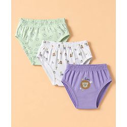 Babyhug 100% Cotton Knit Briefs With Animal Print Pack of 3 - Light Green, Lavender & White