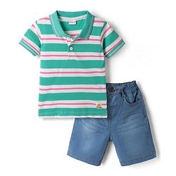 Babyhug Single Jersey Knit Half Sleeves Striped T-Shirt & Shorts - Blue