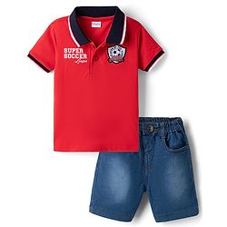 Babyhug Single Jersey Knit Half Sleeves Polo T-Shirt & Denim Shorts Set with Text Print & Badge - Red