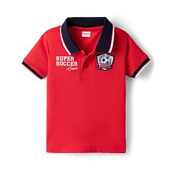 Babyhug Single Jersey Knit Half Sleeves Polo T-Shirt & Denim Shorts Set with Text Print & Badge - Red