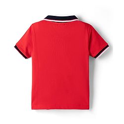 Babyhug Single Jersey Knit Half Sleeves Polo T-Shirt & Denim Shorts Set with Text Print & Badge - Red