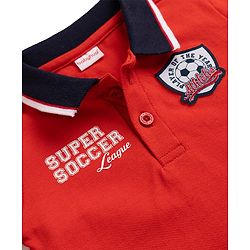 Babyhug Single Jersey Knit Half Sleeves Polo T-Shirt & Denim Shorts Set with Text Print & Badge - Red