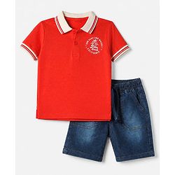 Babyhug Single Jersey Knit Half Sleeves T-Shirt and Denim Shorts Set With Text Print - Red & Blue
