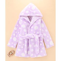 Babyhug Velour Knit Full Sleeves Hooded Bath Robe with Polka Dot Print - Lavender