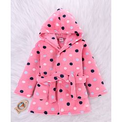 Babyhug Velour Knit Full Sleeves Hooded Bath Robe With Polka Dots Print - Pink