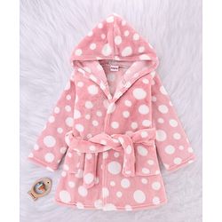 Babyhug Velour Knit Full Sleeves Hooded Bath Robe with Polka Dot Print - Pink